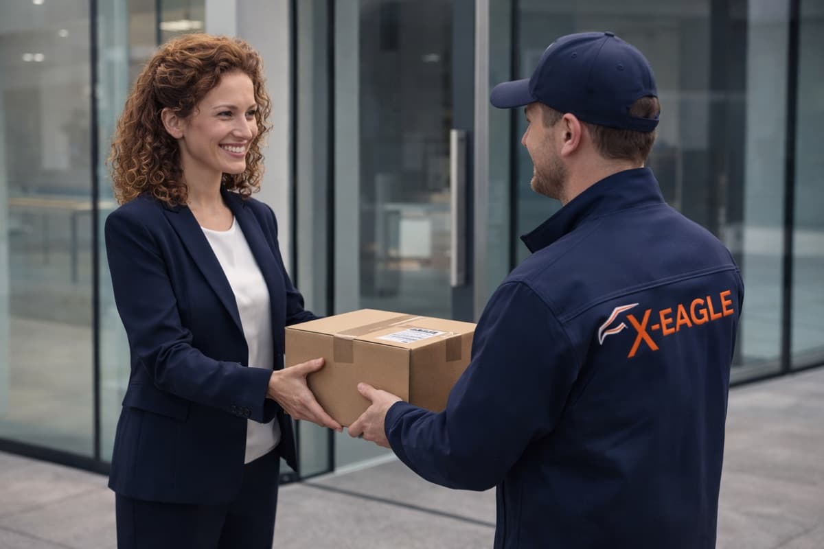 X-Eagle courier delivering parcel to customer